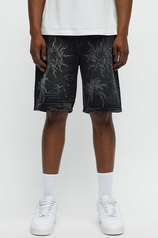 Relaxed You Know The Vibes Be Chill Denim Shorts - Black Wash