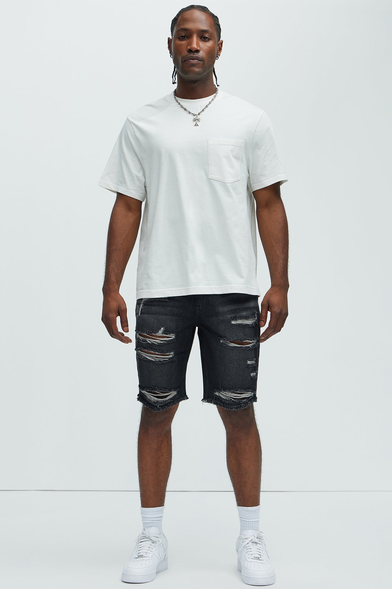 Back To It Distressed Raw Hem Slim Denim Shorts - Black