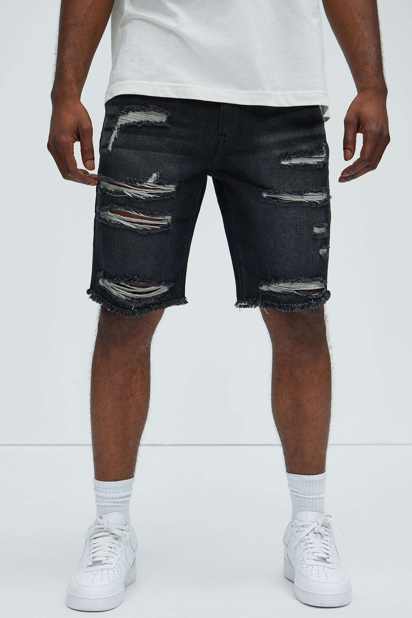 Back To It Distressed Raw Hem Slim Denim Shorts - Black