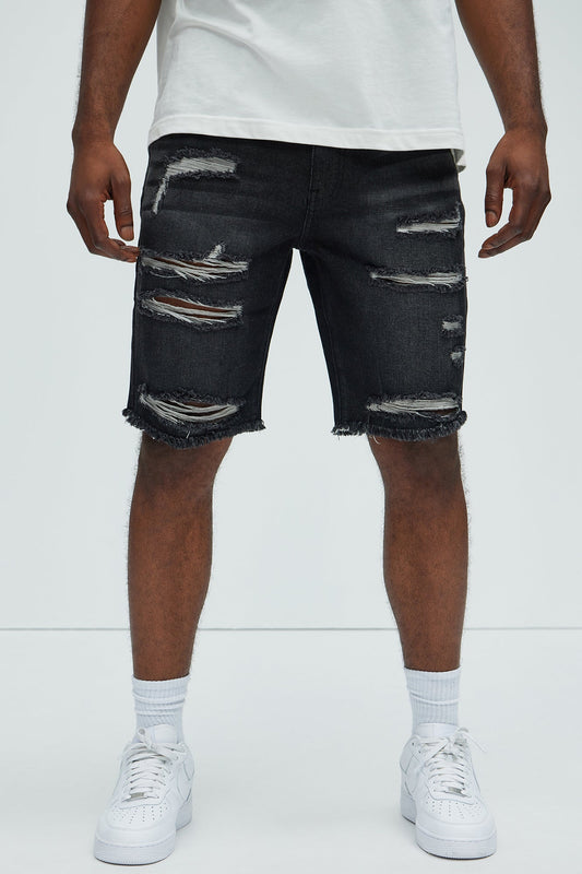 Back To It Distressed Raw Hem Slim Denim Shorts - Black