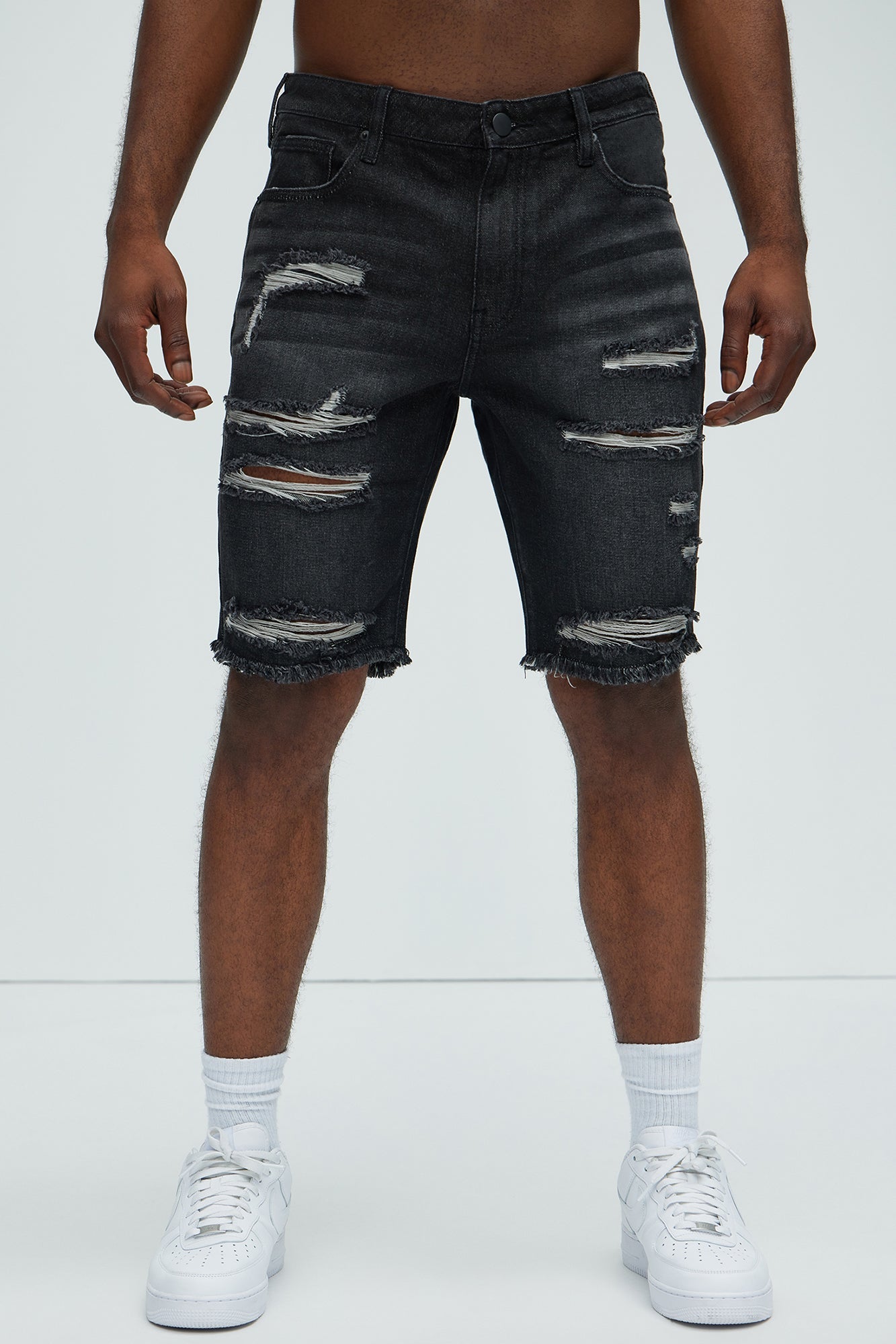 Back To It Distressed Raw Hem Slim Denim Shorts - Black