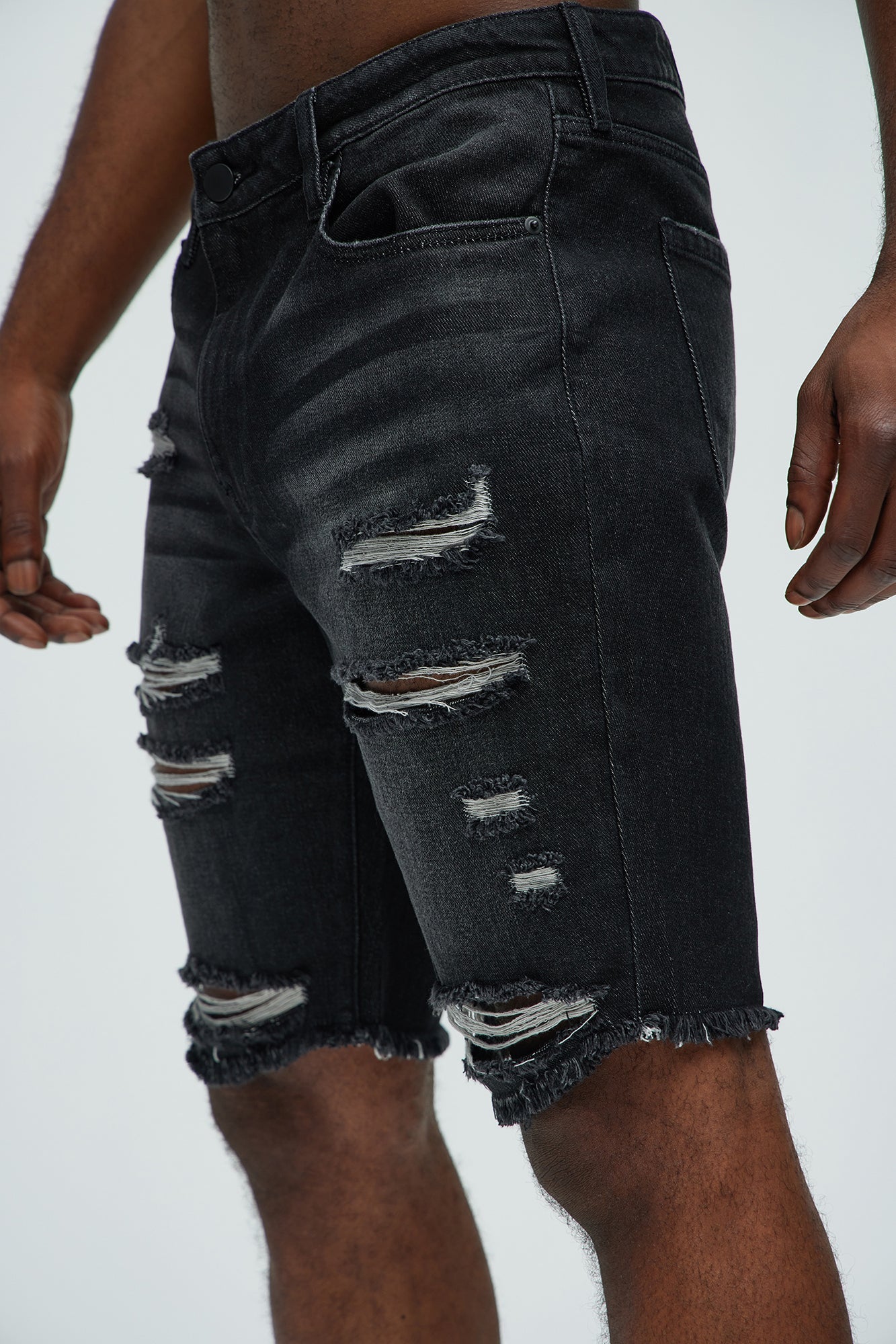 Back To It Distressed Raw Hem Slim Denim Shorts - Black