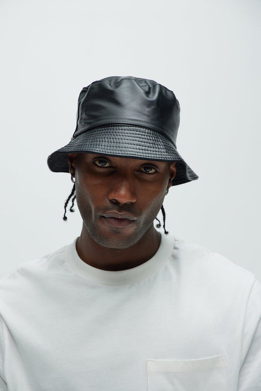 Faux Leather Bucket Hat - Black