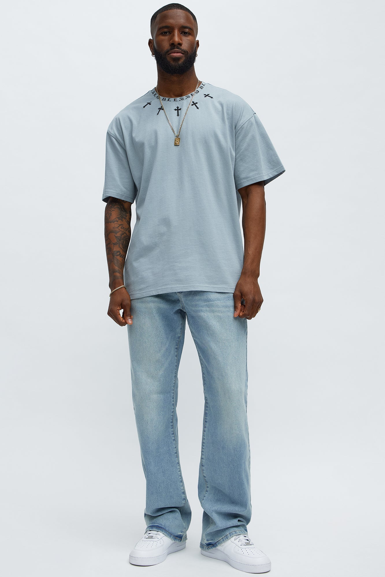 Short Sleeve Blessed Graphic Collar Tee - Grey