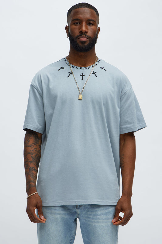 Short Sleeve Blessed Graphic Collar Tee - Grey