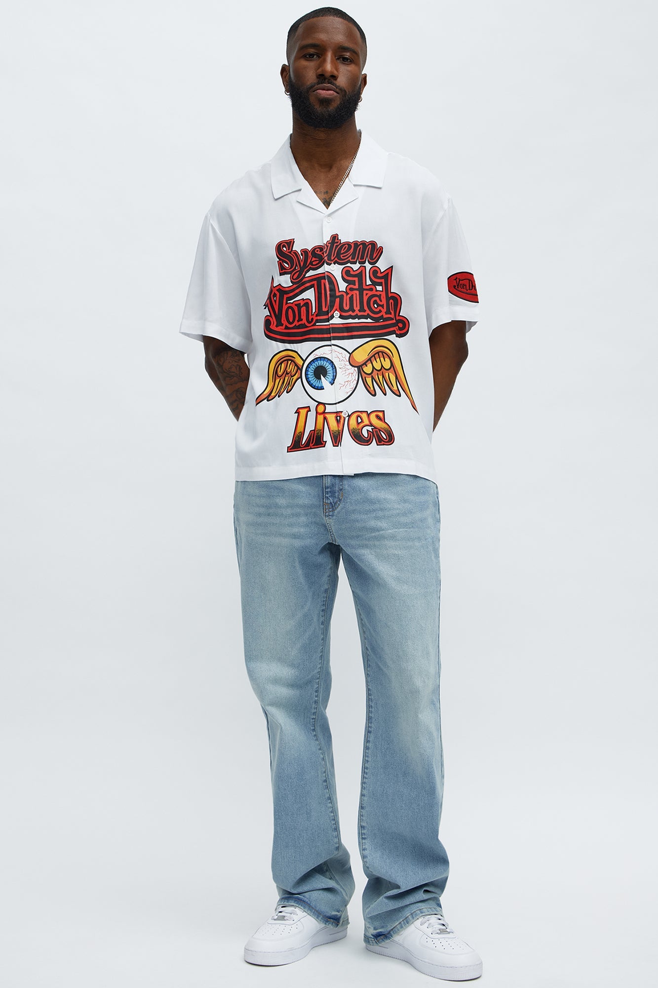 Von Dutch Cropped Logo Button Up Shirt - White