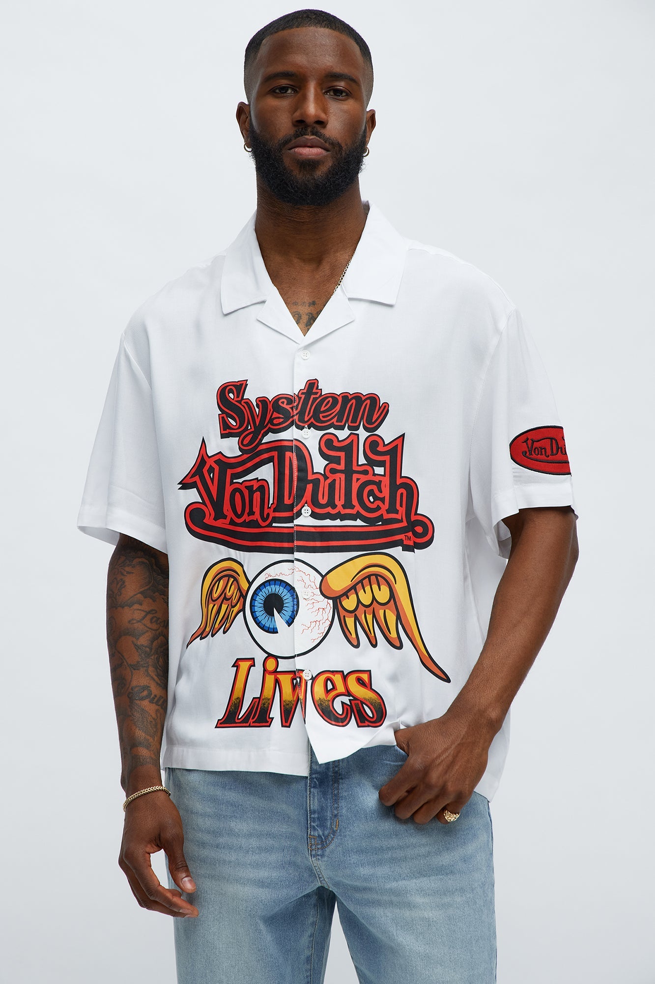 Von Dutch Cropped Logo Button Up Shirt - White