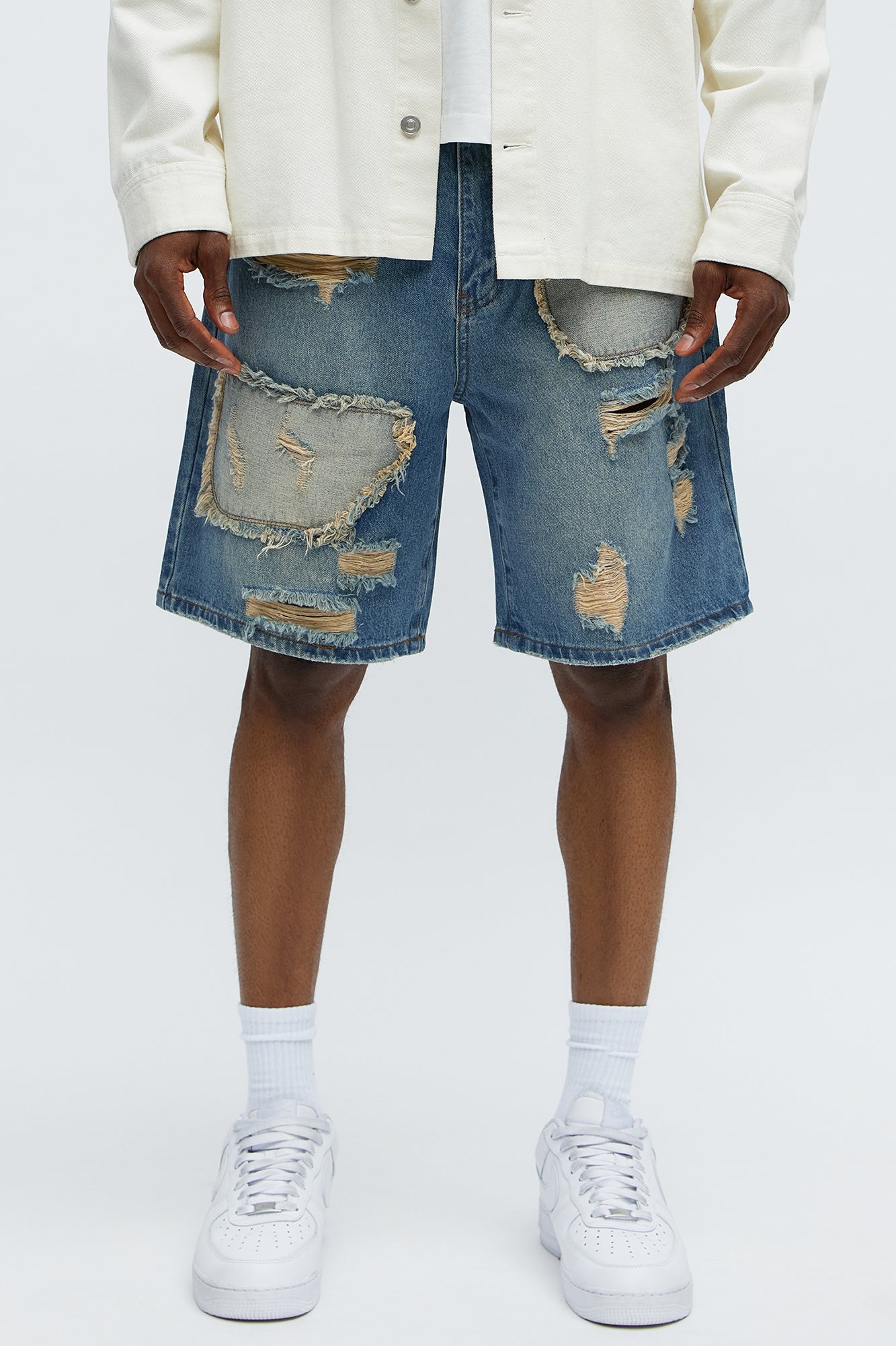 Relaxed Patches With Fray Distressed Denim Shorts - Vintage Blue Wash