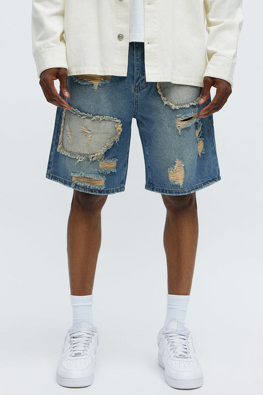 Relaxed Patches With Fray Distressed Denim Shorts - Vintage Blue Wash