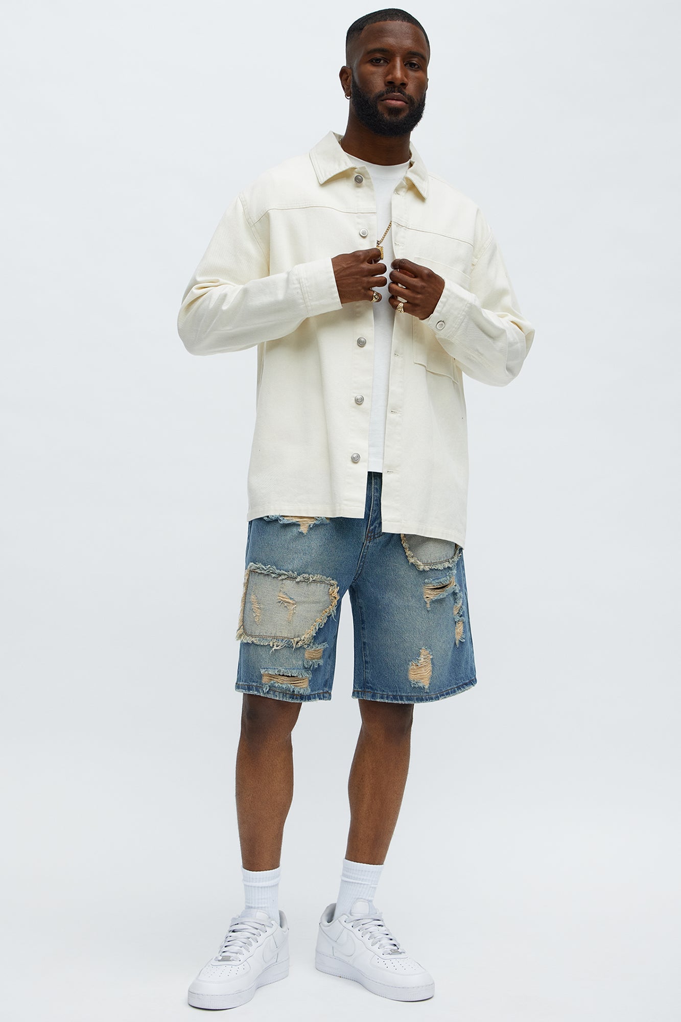 Relaxed Patches With Fray Distressed Denim Shorts - Vintage Blue Wash