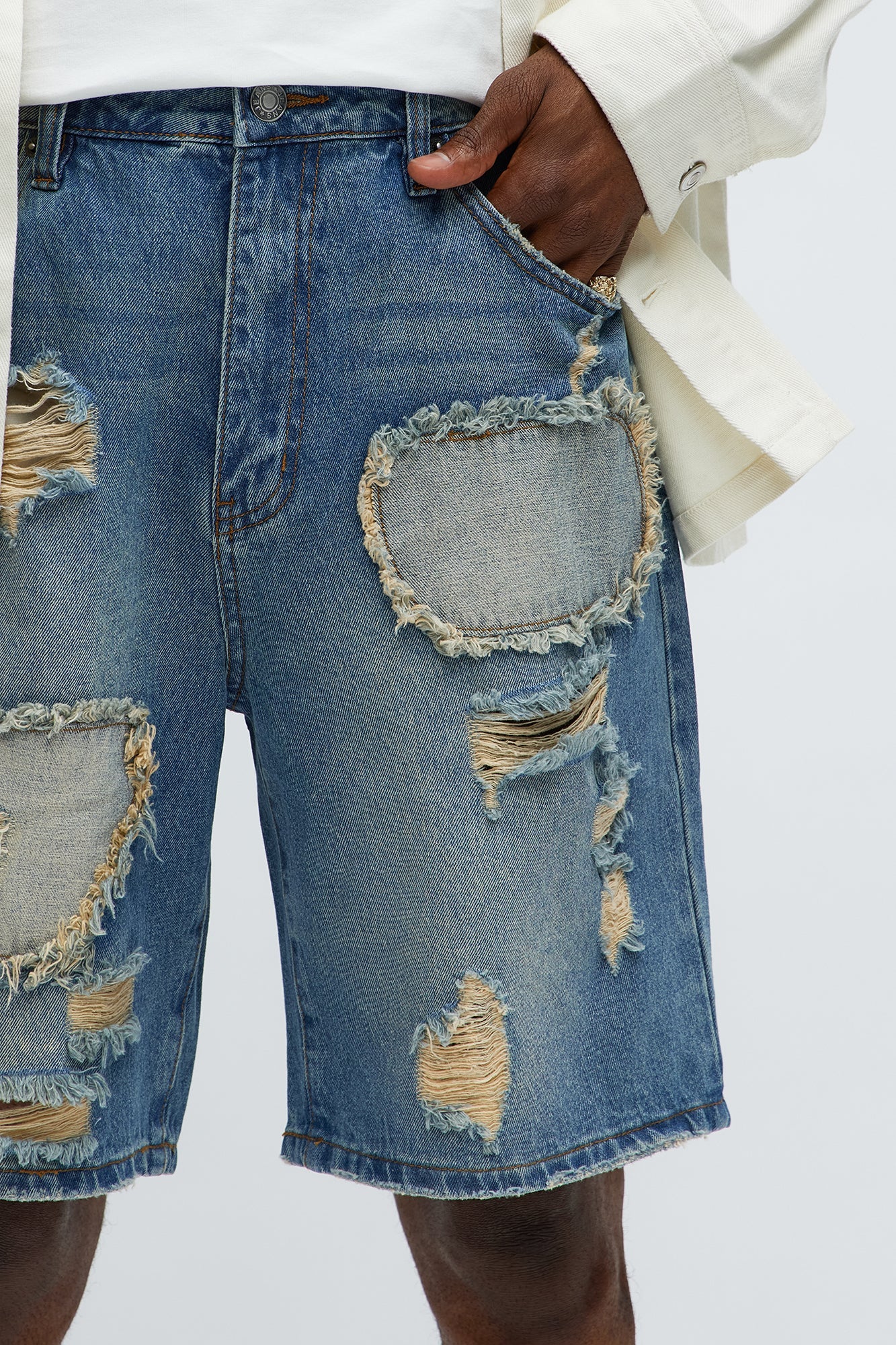 Relaxed Patches With Fray Distressed Denim Shorts - Vintage Blue Wash