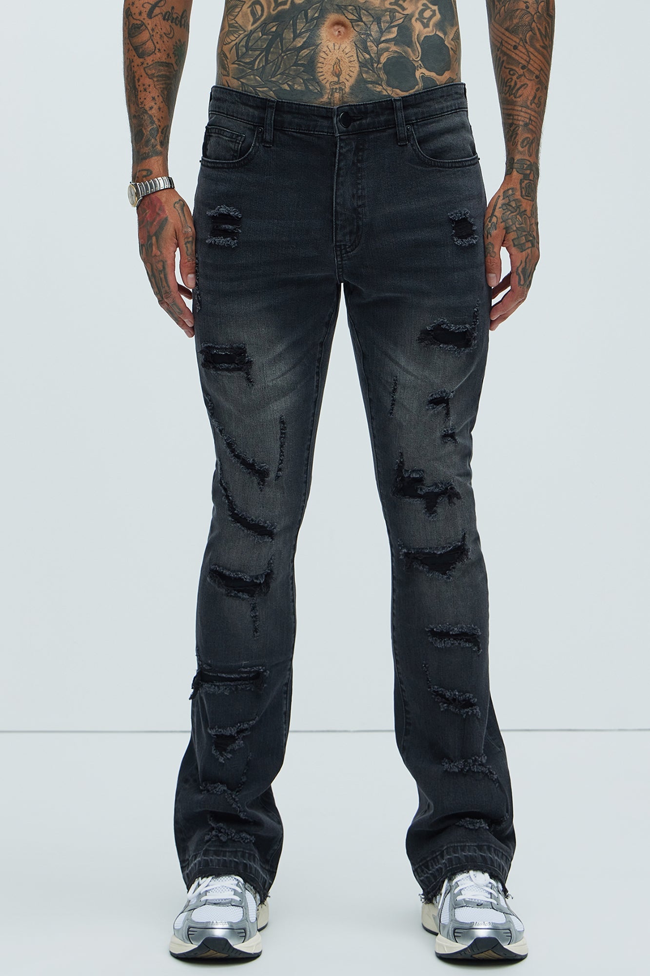 Through It Ripped Skinny Flared Jeans - Black Wash