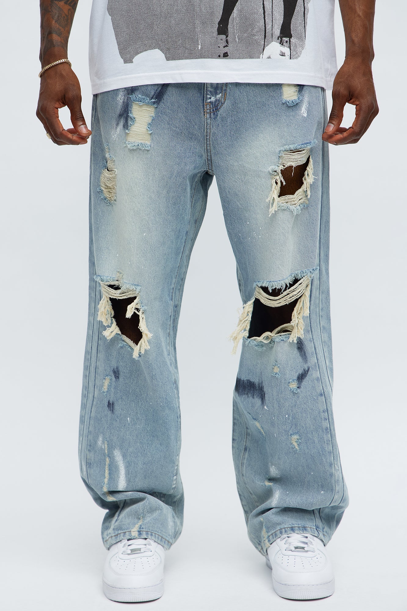 Baggy Battle Scars Distressed Jeans - Light Blue Wash