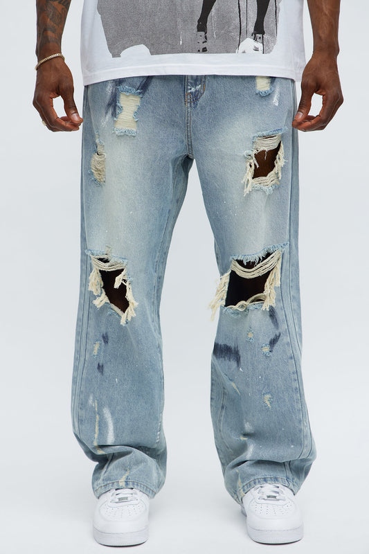 Baggy Battle Scars Distressed Jeans - Light Blue Wash