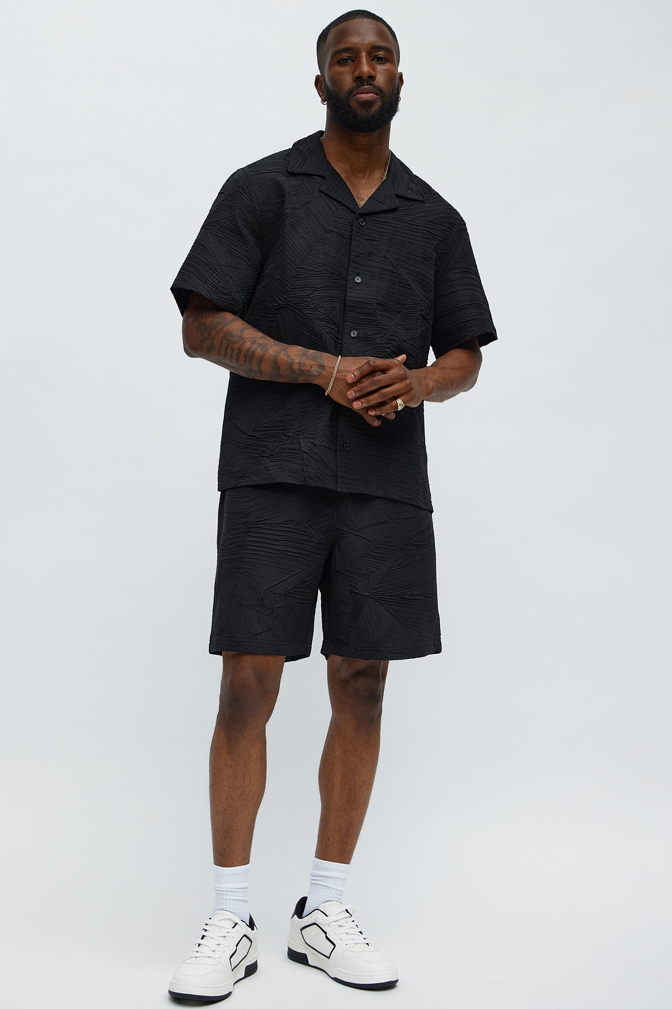 Ponce Textured Cuban Collar Button Up Shirt - Black