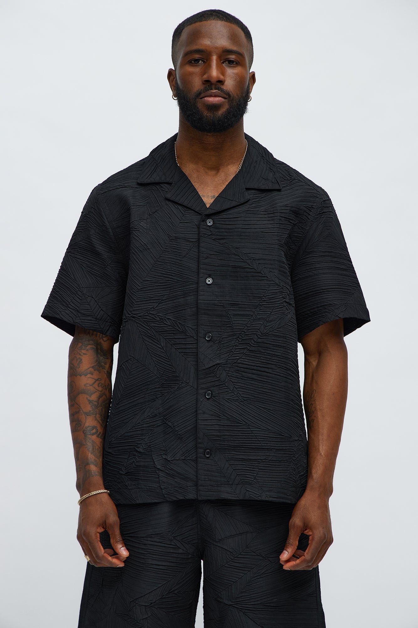 Ponce Textured Cuban Collar Button Up Shirt - Black