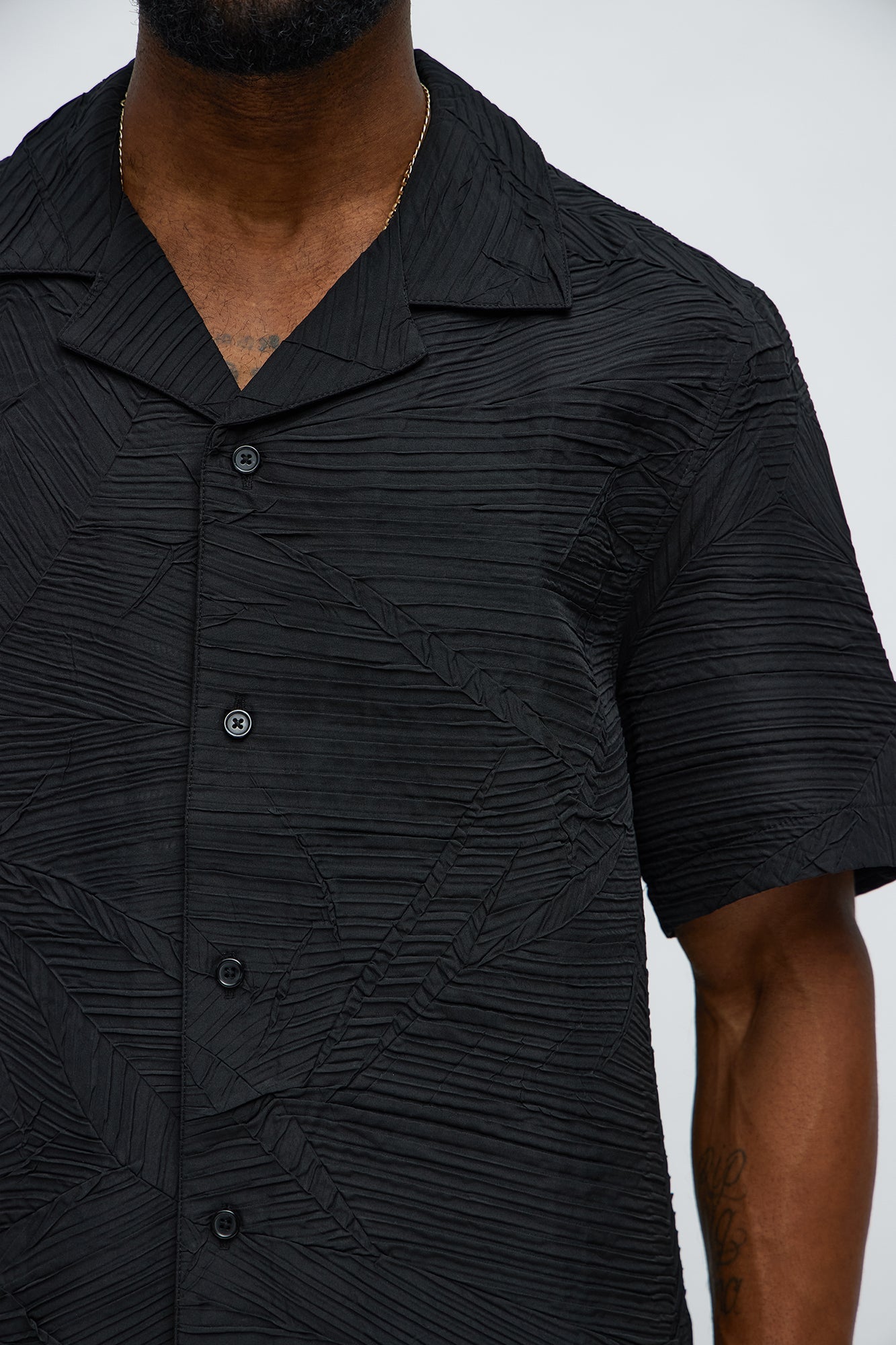 Ponce Textured Cuban Collar Button Up Shirt - Black