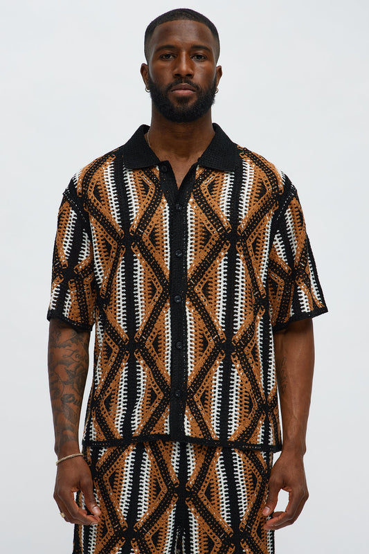 Cropped Relaxed Triangles Knit Closed Collar Shirt - Black/combo