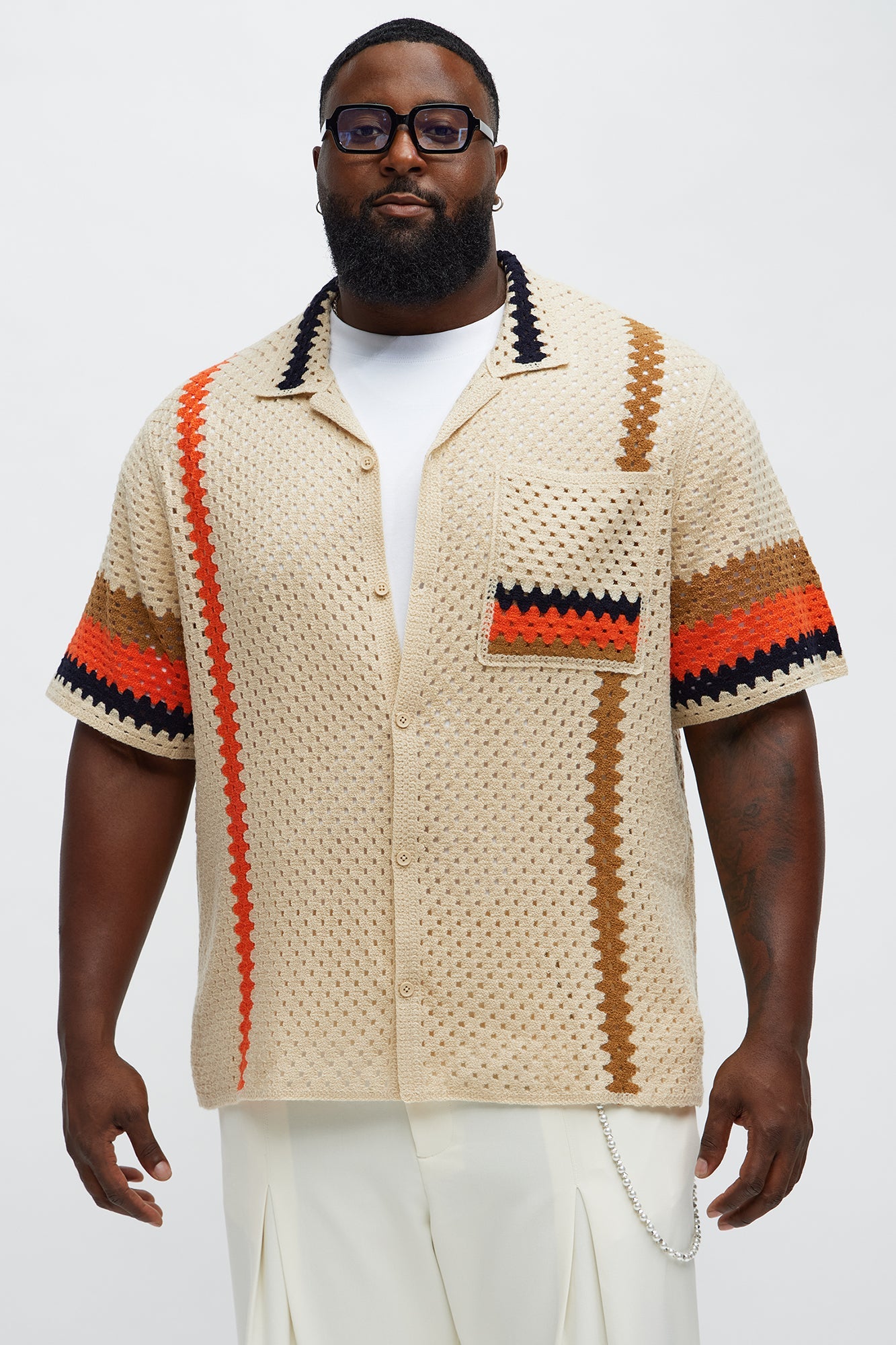 Resort Life Crochet Cuban Collar Shirt - Tan/Multi