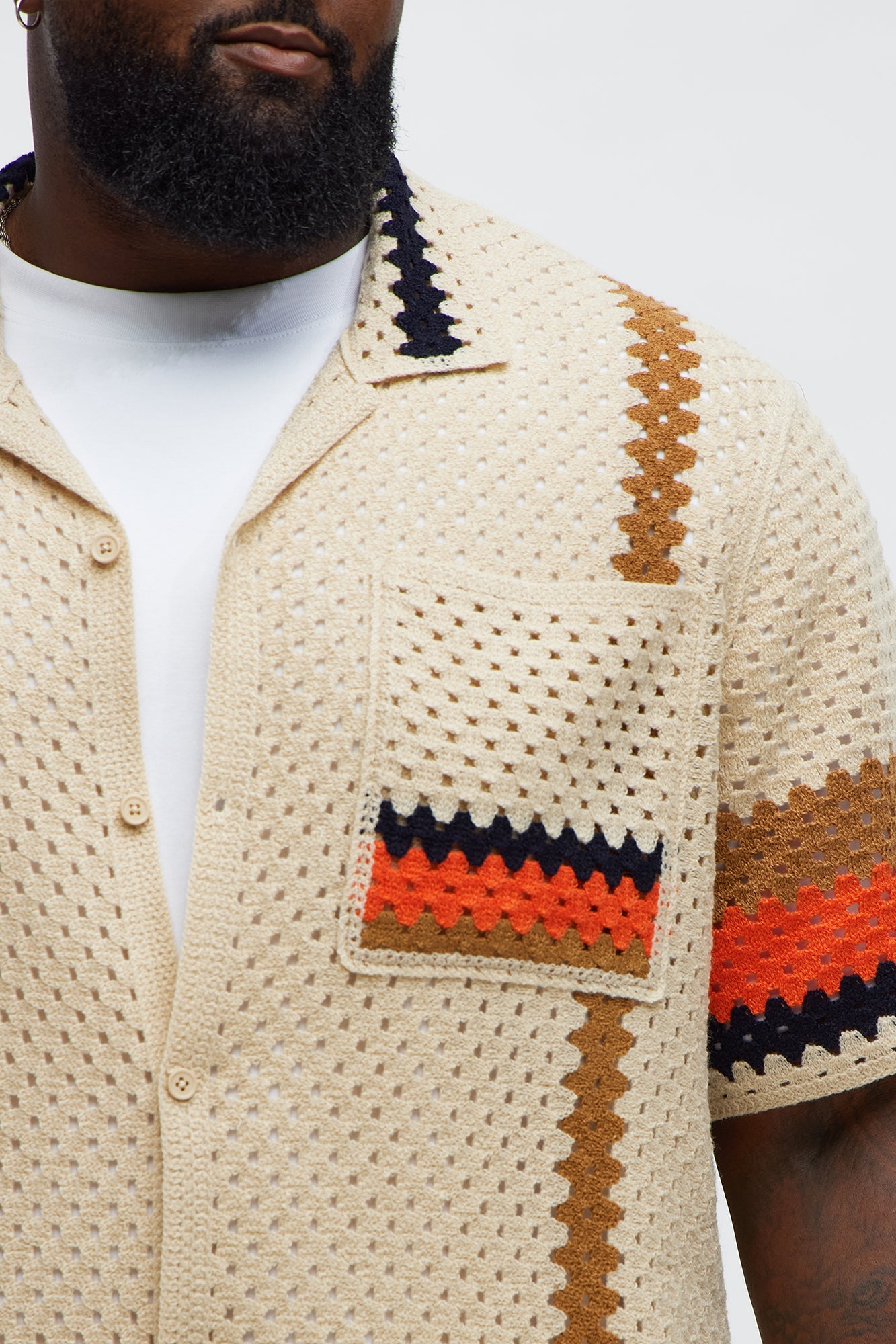 Resort Life Crochet Cuban Collar Shirt - Tan/Multi