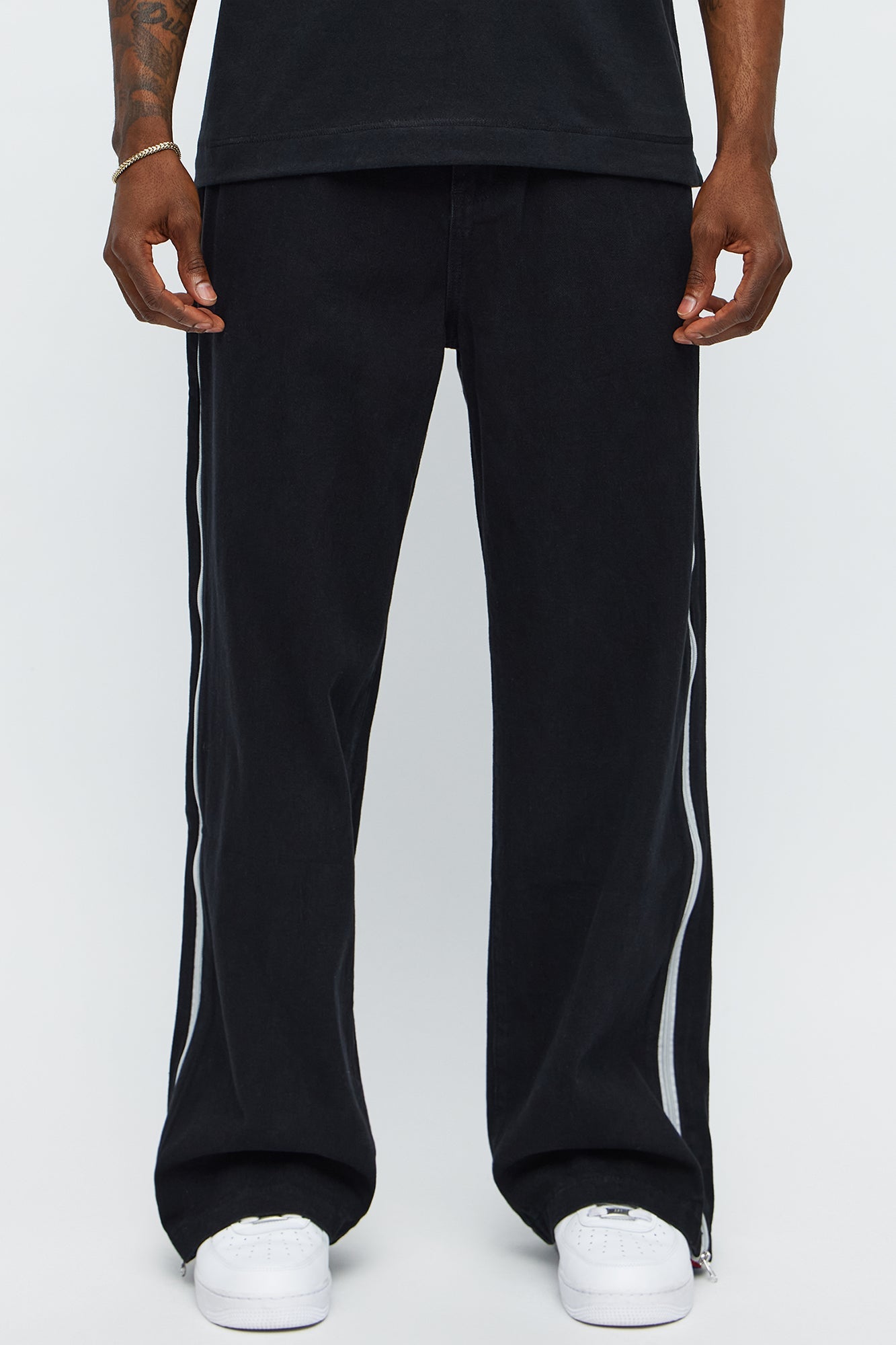 Baggy Side Stripe Zip Hit Jeans - Black