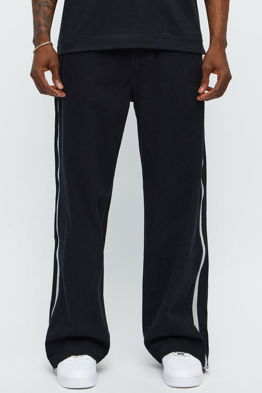 Baggy Side Stripe Zip Hit Jeans - Black