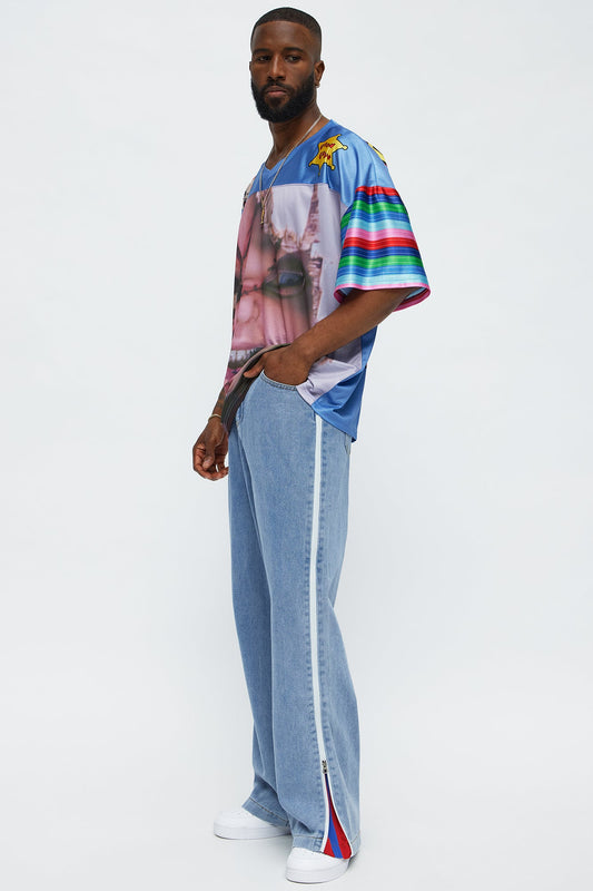 Baggy Side Stripe Zip Hit Jeans - Medium Blue Wash