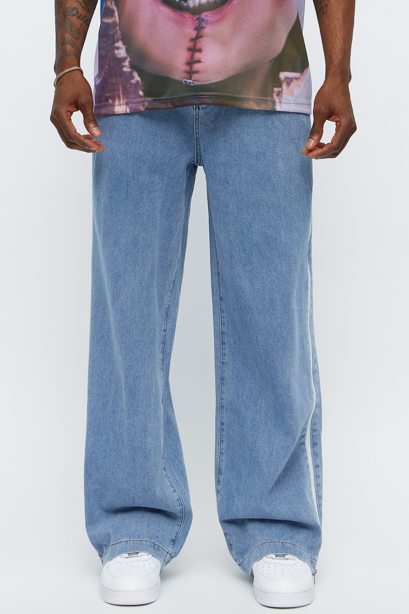 Baggy Side Stripe Zip Hit Jeans - Medium Blue Wash