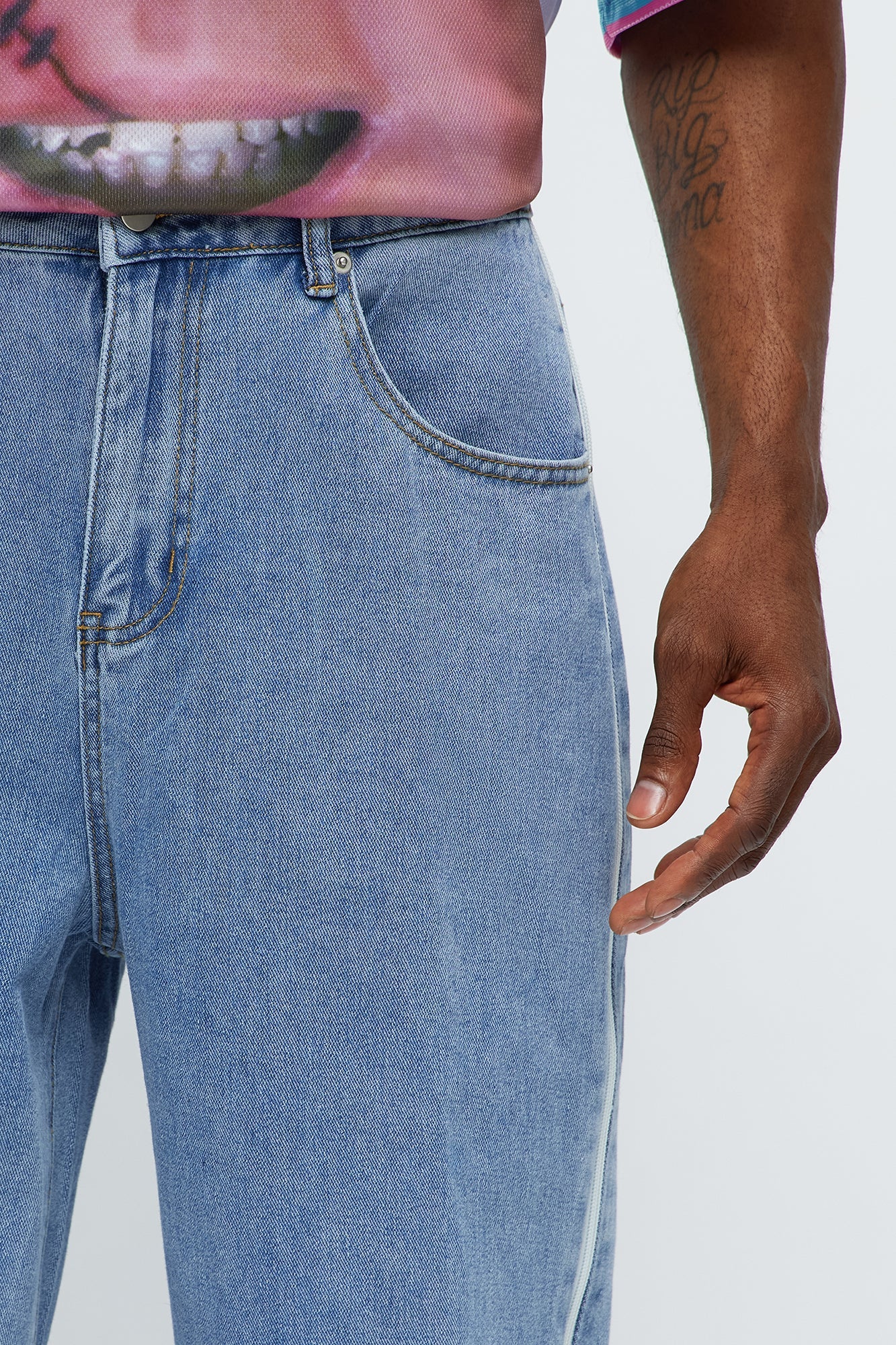 Baggy Side Stripe Zip Hit Jeans - Medium Blue Wash