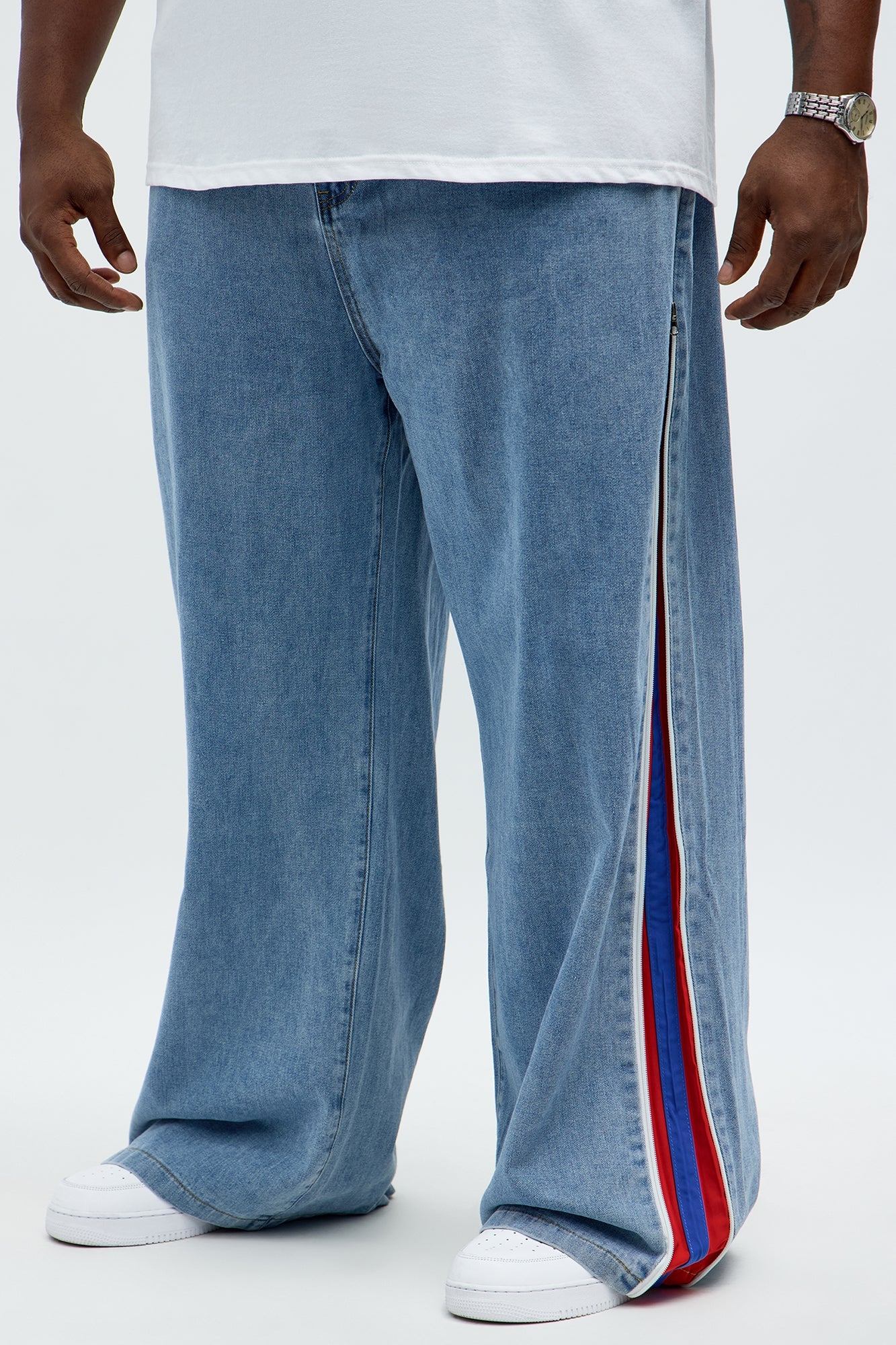 Baggy Side Stripe Zip Hit Jeans - Medium Blue Wash