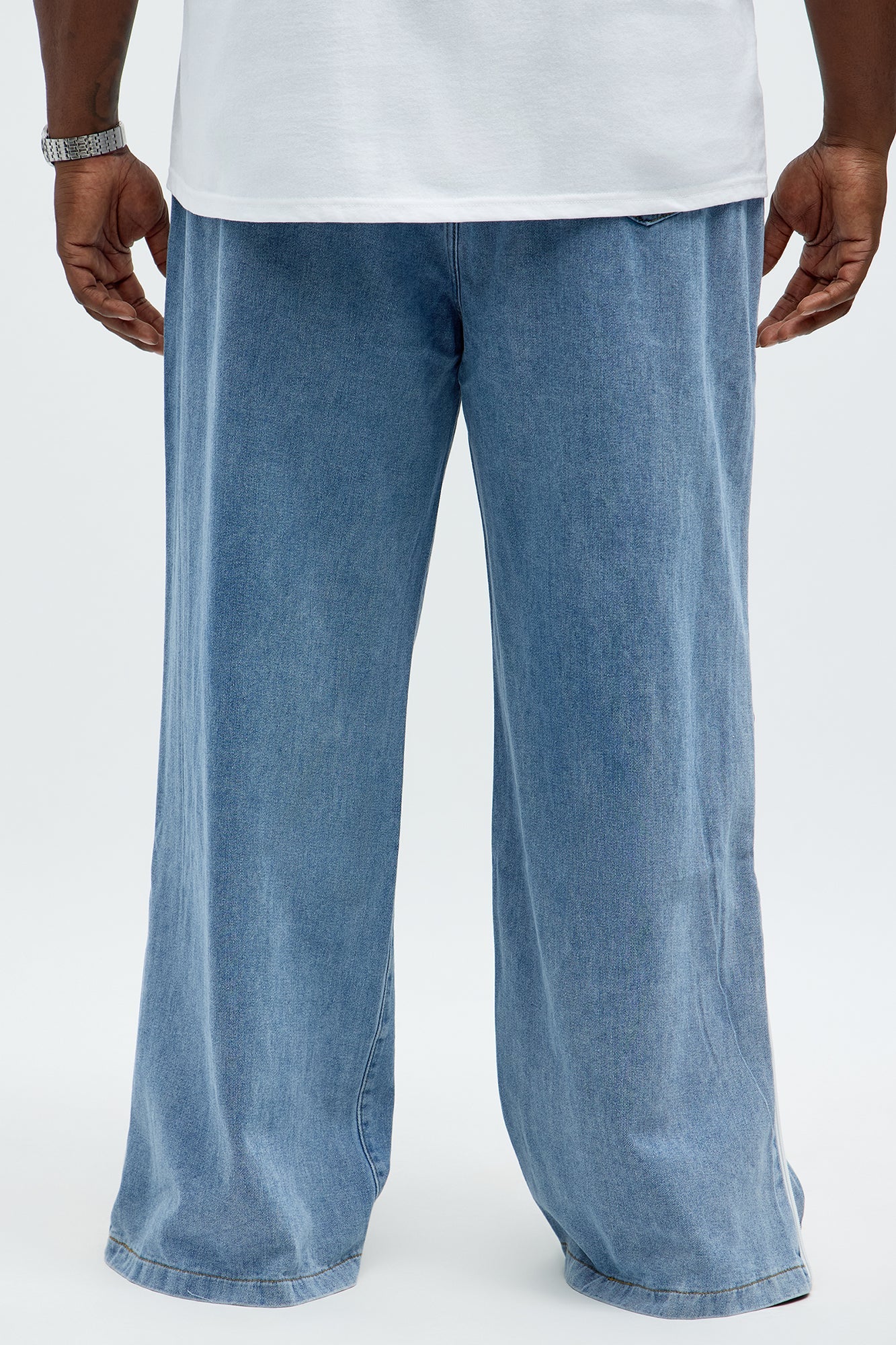 Baggy Side Stripe Zip Hit Jeans - Medium Blue Wash