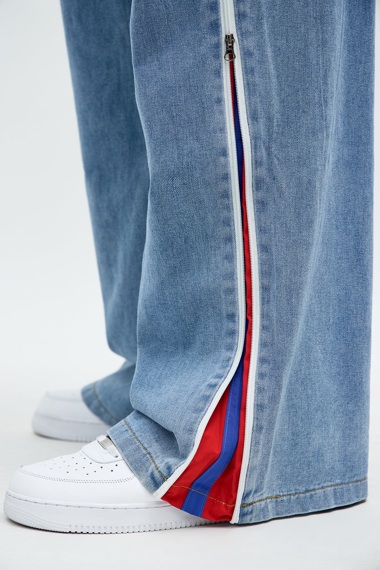 Baggy Side Stripe Zip Hit Jeans - Medium Blue Wash