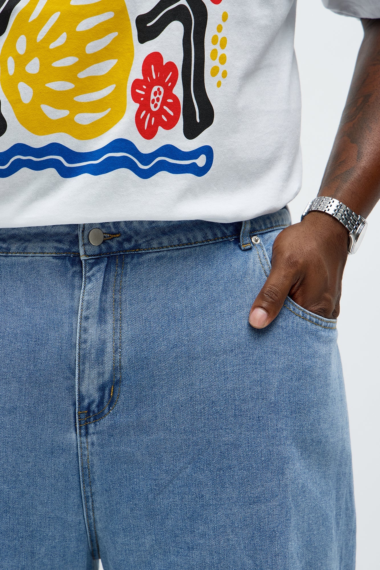 Baggy Side Stripe Zip Hit Jeans - Medium Blue Wash