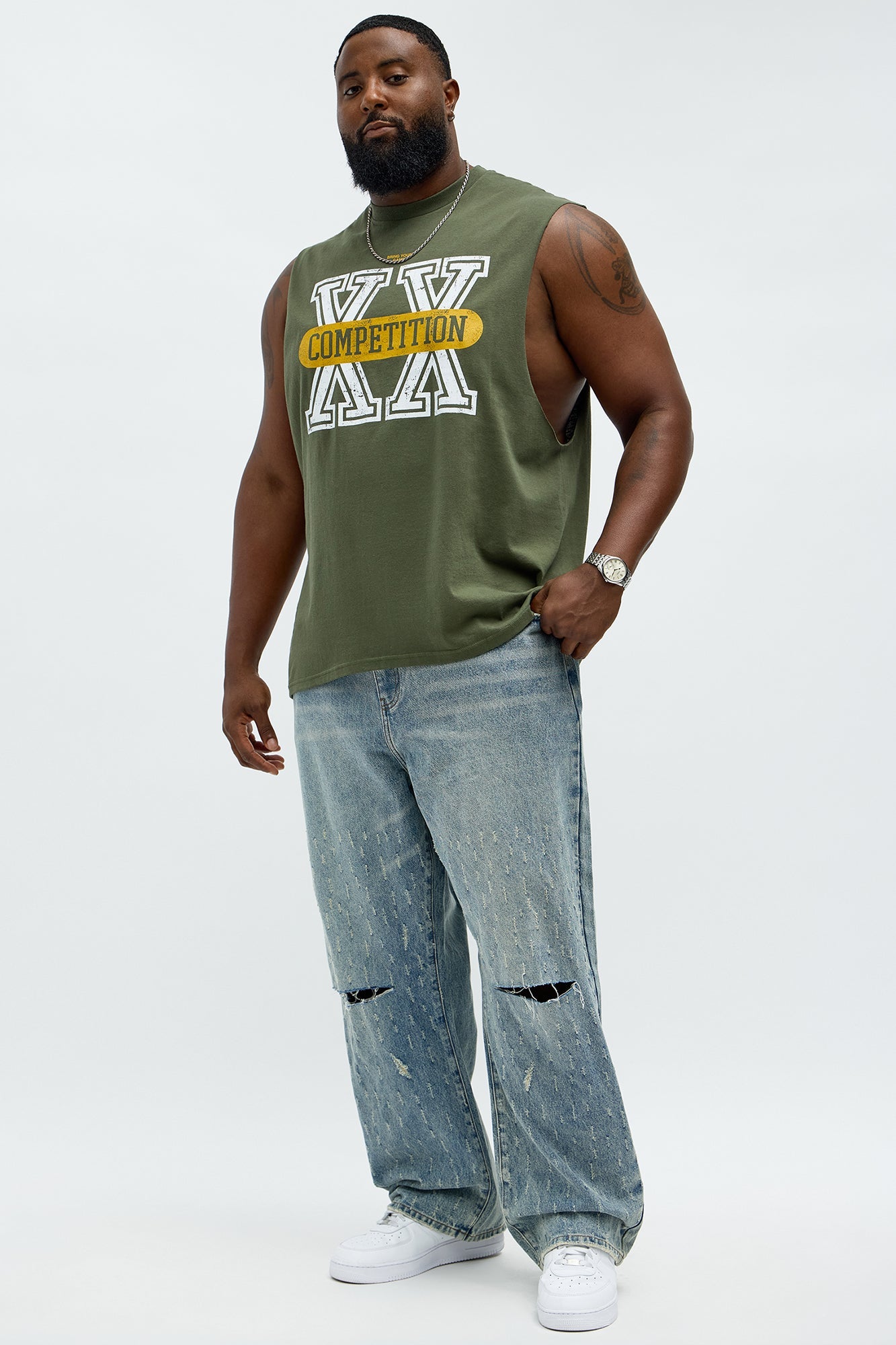 Baggy Scattered Distressed Jeans - Medium Blue Wash