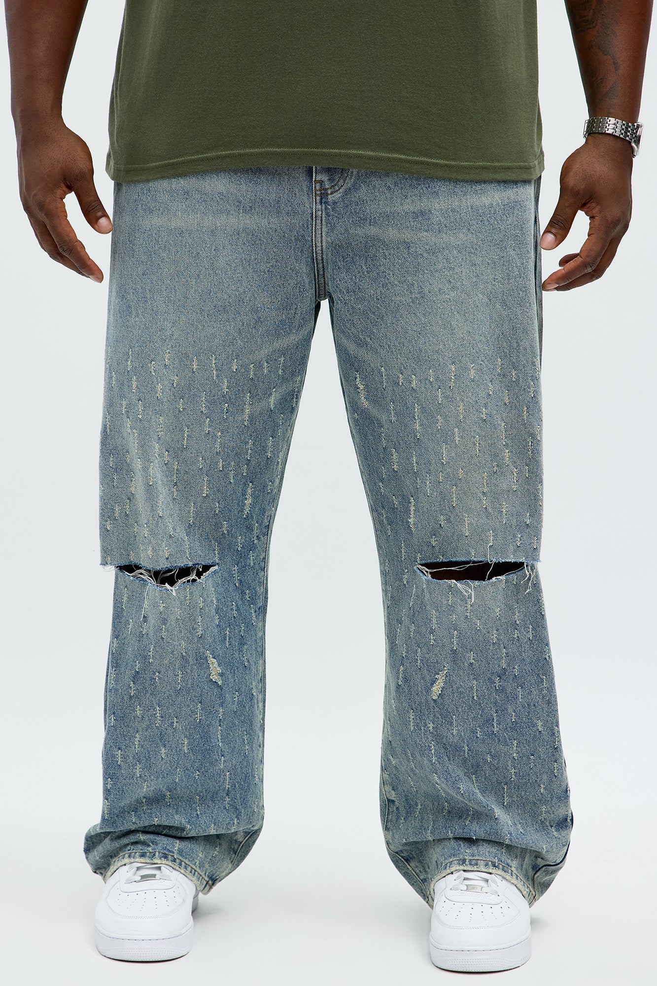 Baggy Scattered Distressed Jeans - Medium Blue Wash