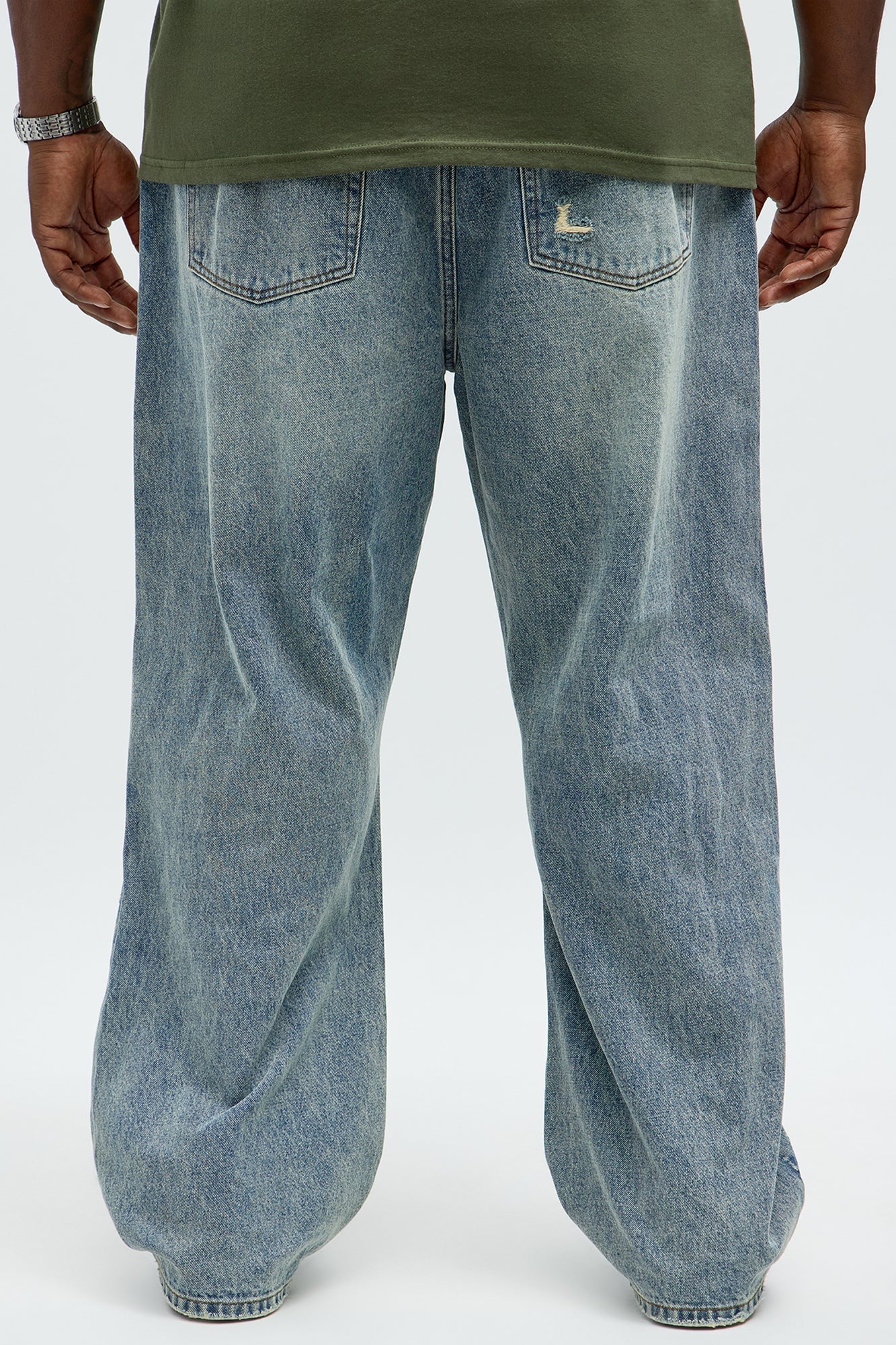 Baggy Scattered Distressed Jeans - Medium Blue Wash