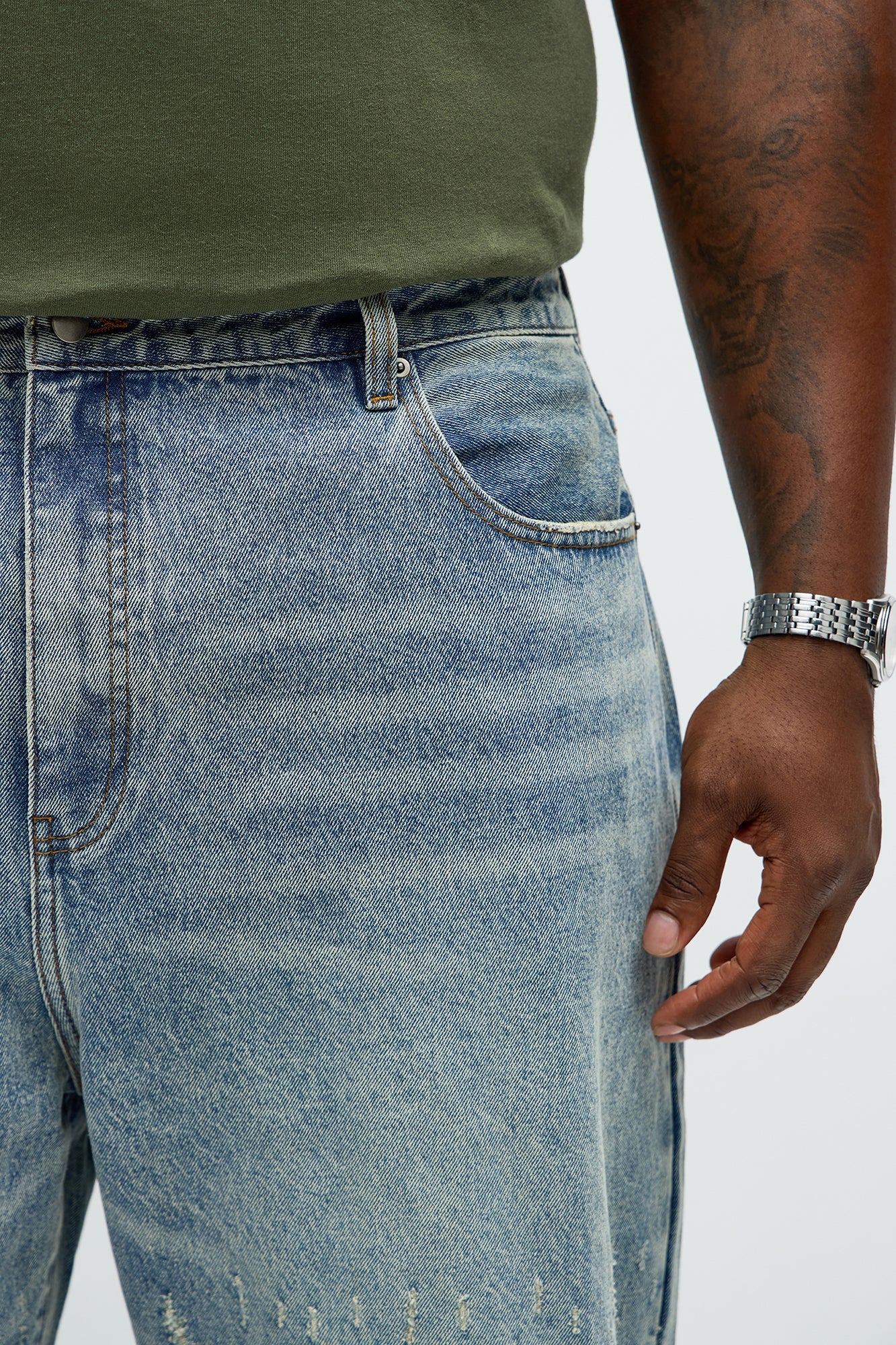 Baggy Scattered Distressed Jeans - Medium Blue Wash