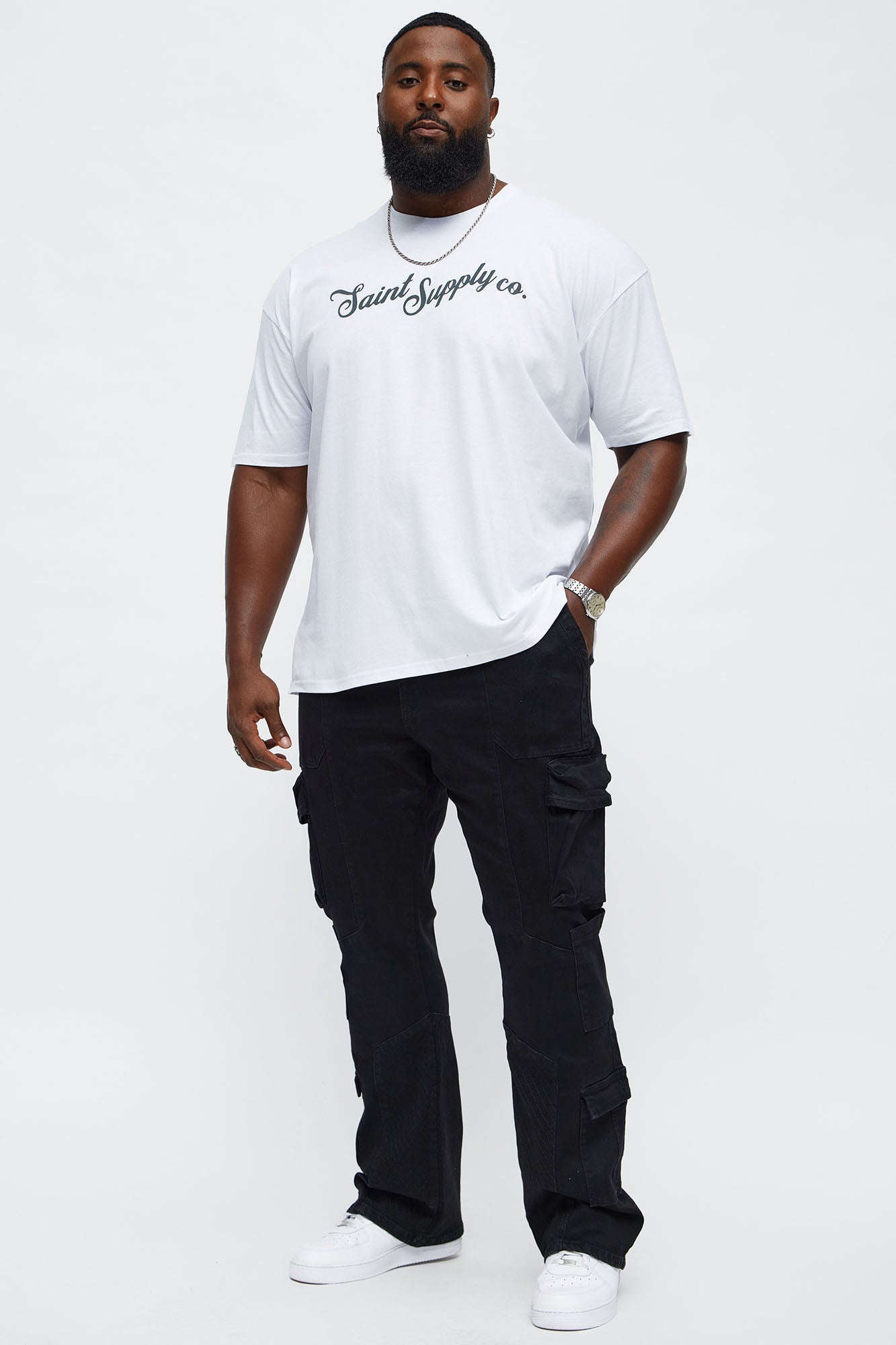 Stacked Slim Flare Rebel Stitch Cargo Jeans - Black