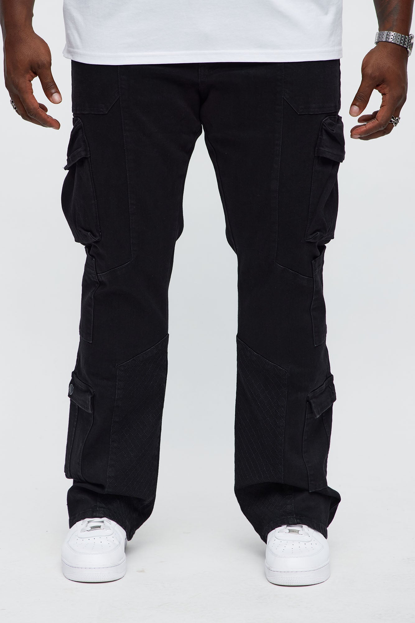 Stacked Slim Flare Rebel Stitch Cargo Jeans - Black