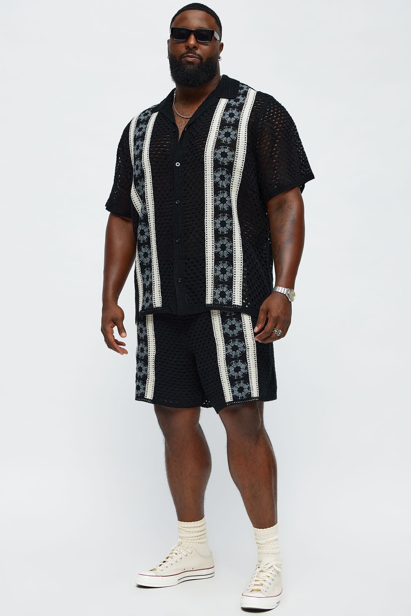 Crochet Panel Cuban Collar Button Up Shirt - Black/combo