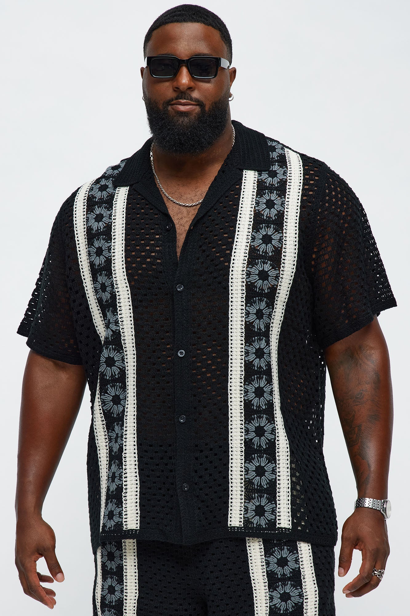 Crochet Panel Cuban Collar Button Up Shirt - Black/combo