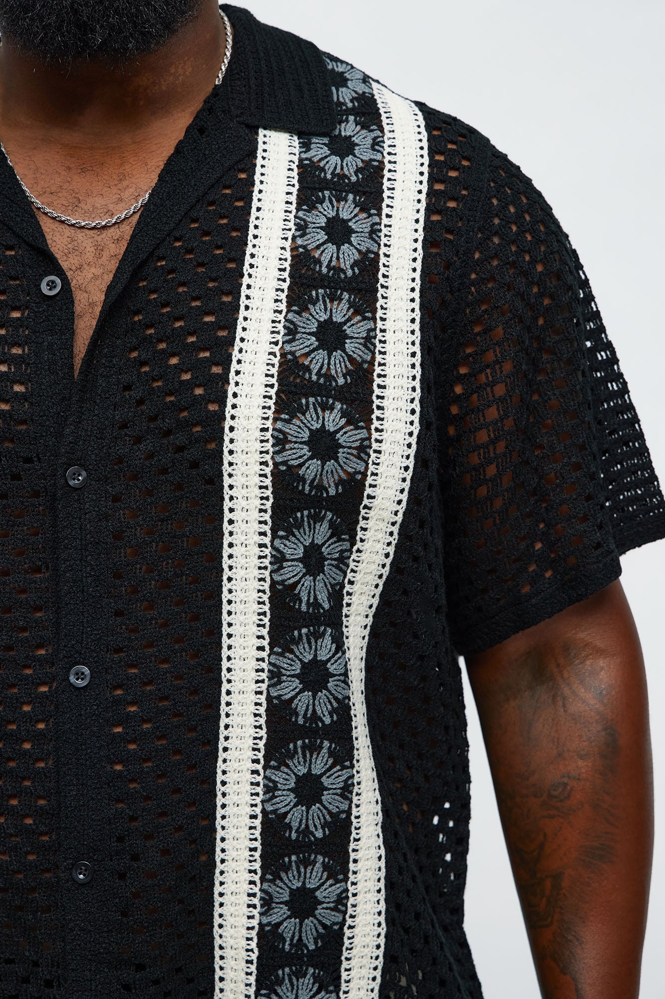 Crochet Panel Cuban Collar Button Up Shirt - Black/combo