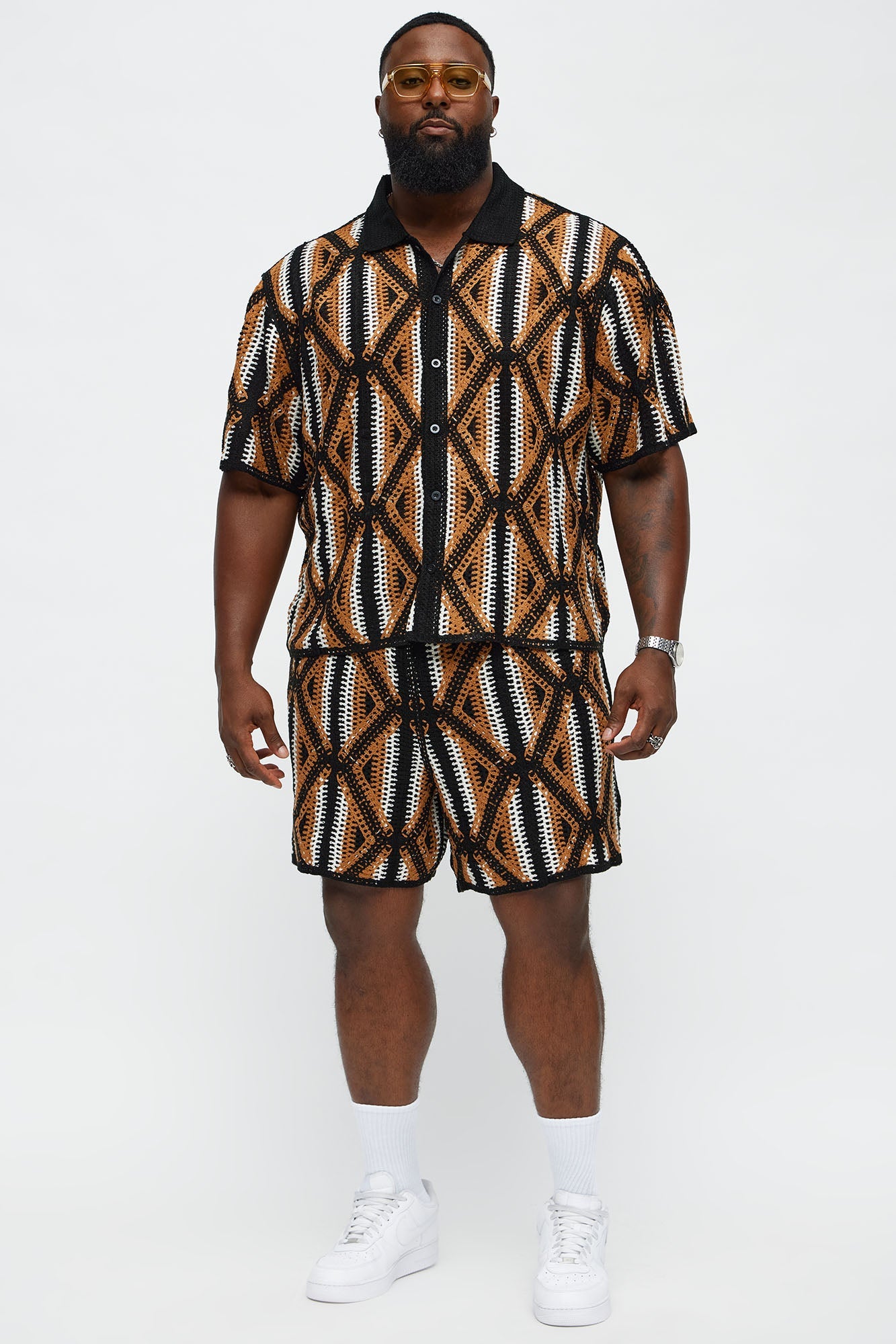 Cropped Relaxed Triangles Knit Closed Collar Shirt - Black/combo