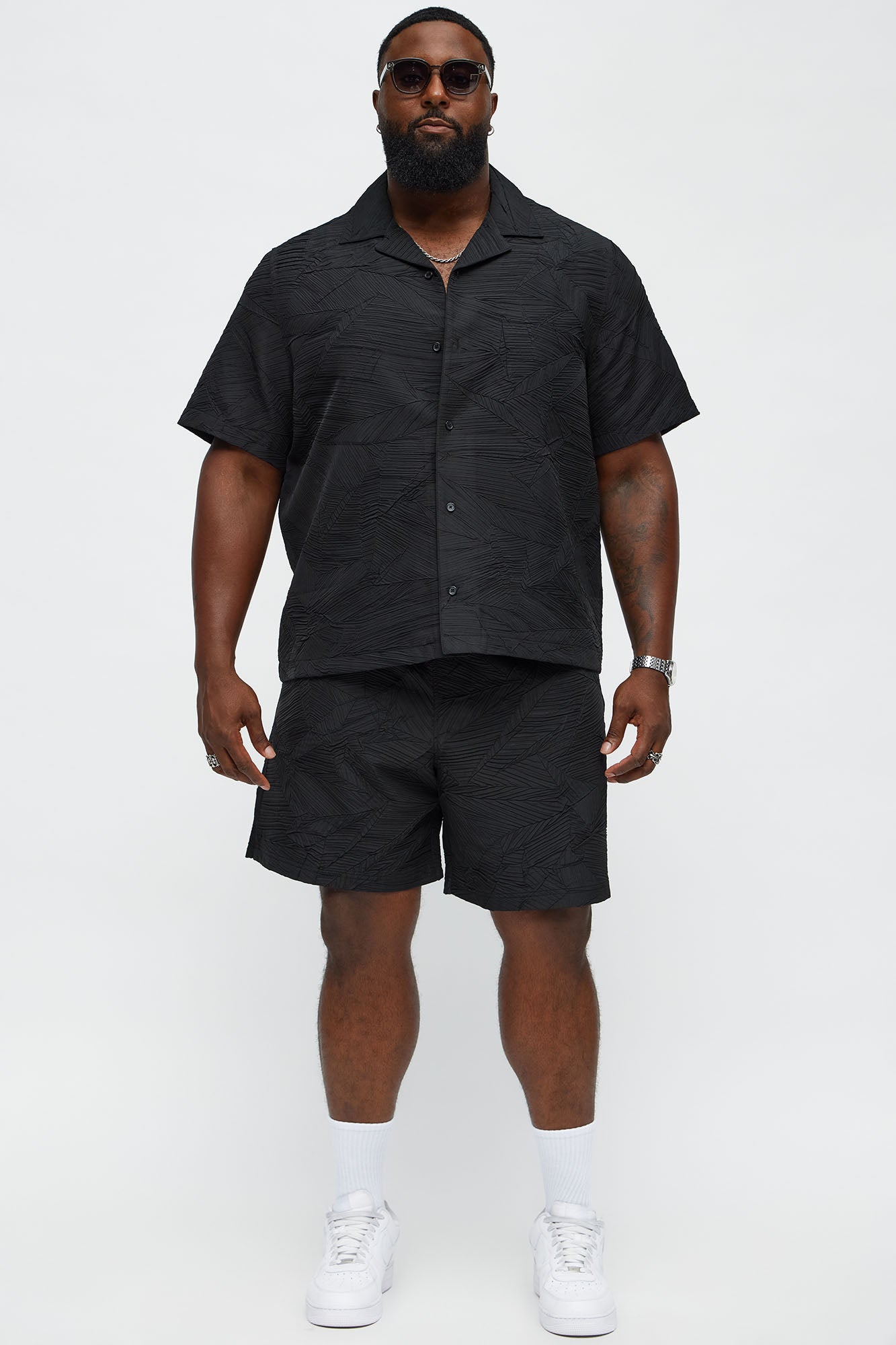 Ponce Textured Cuban Collar Button Up Shirt - Black