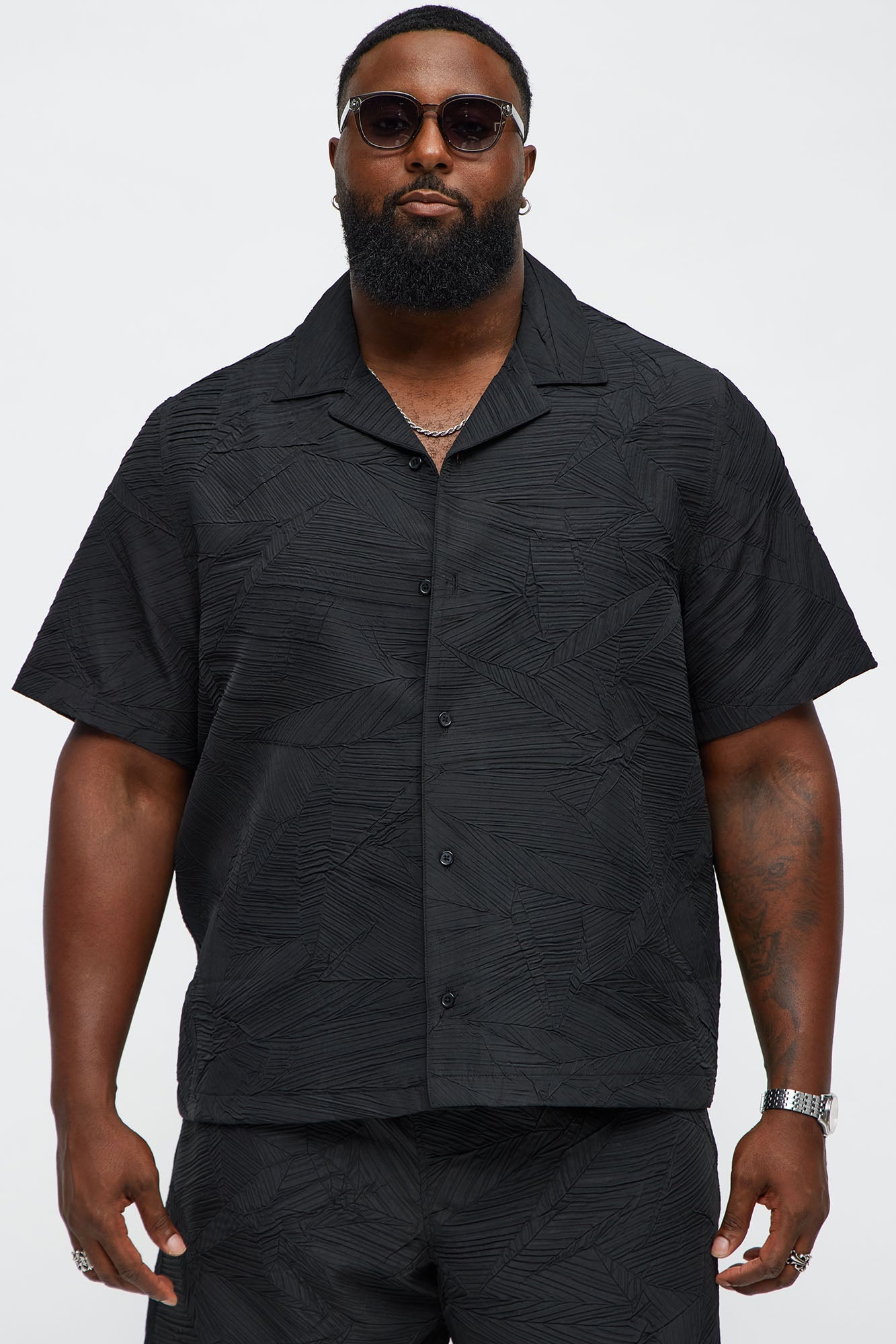 Ponce Textured Cuban Collar Button Up Shirt - Black