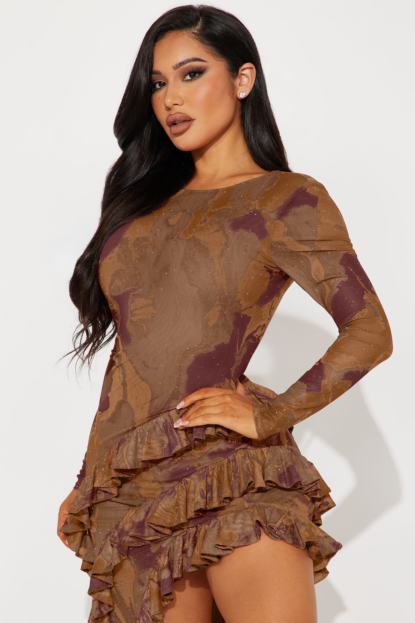 Santana Ruffle Mesh Maxi Dress - Brown/combo