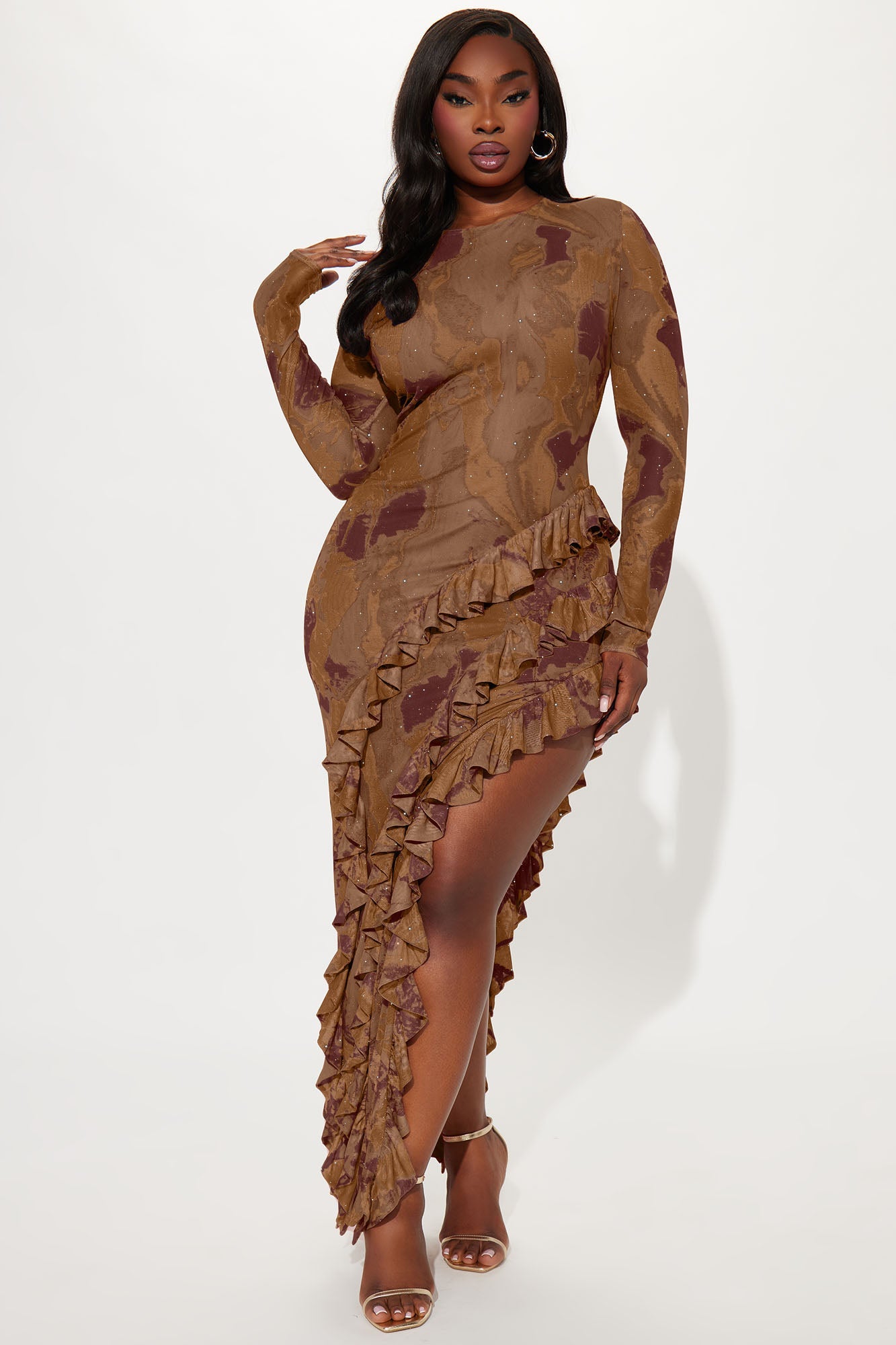 Santana Ruffle Mesh Maxi Dress - Brown/combo