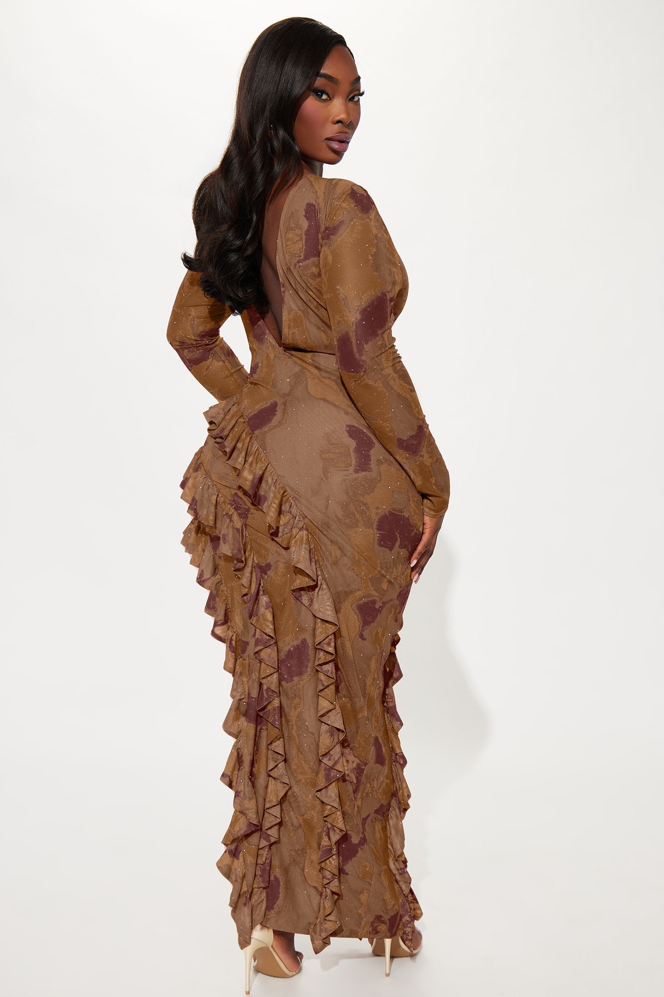 Santana Ruffle Mesh Maxi Dress - Brown/combo