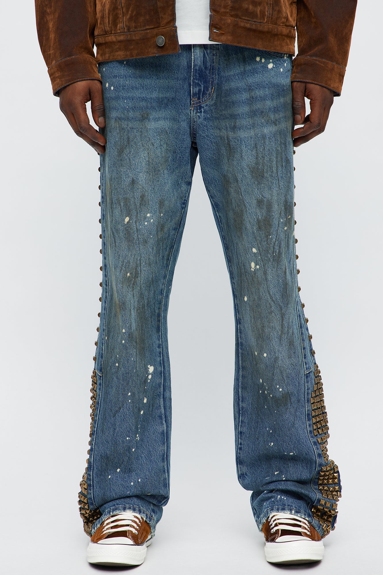 Slim Flare Put Me On Distressed Studded Jeans - Medium Blue Wash