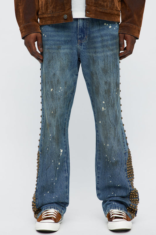Slim Flare Put Me On Distressed Studded Jeans - Medium Blue Wash